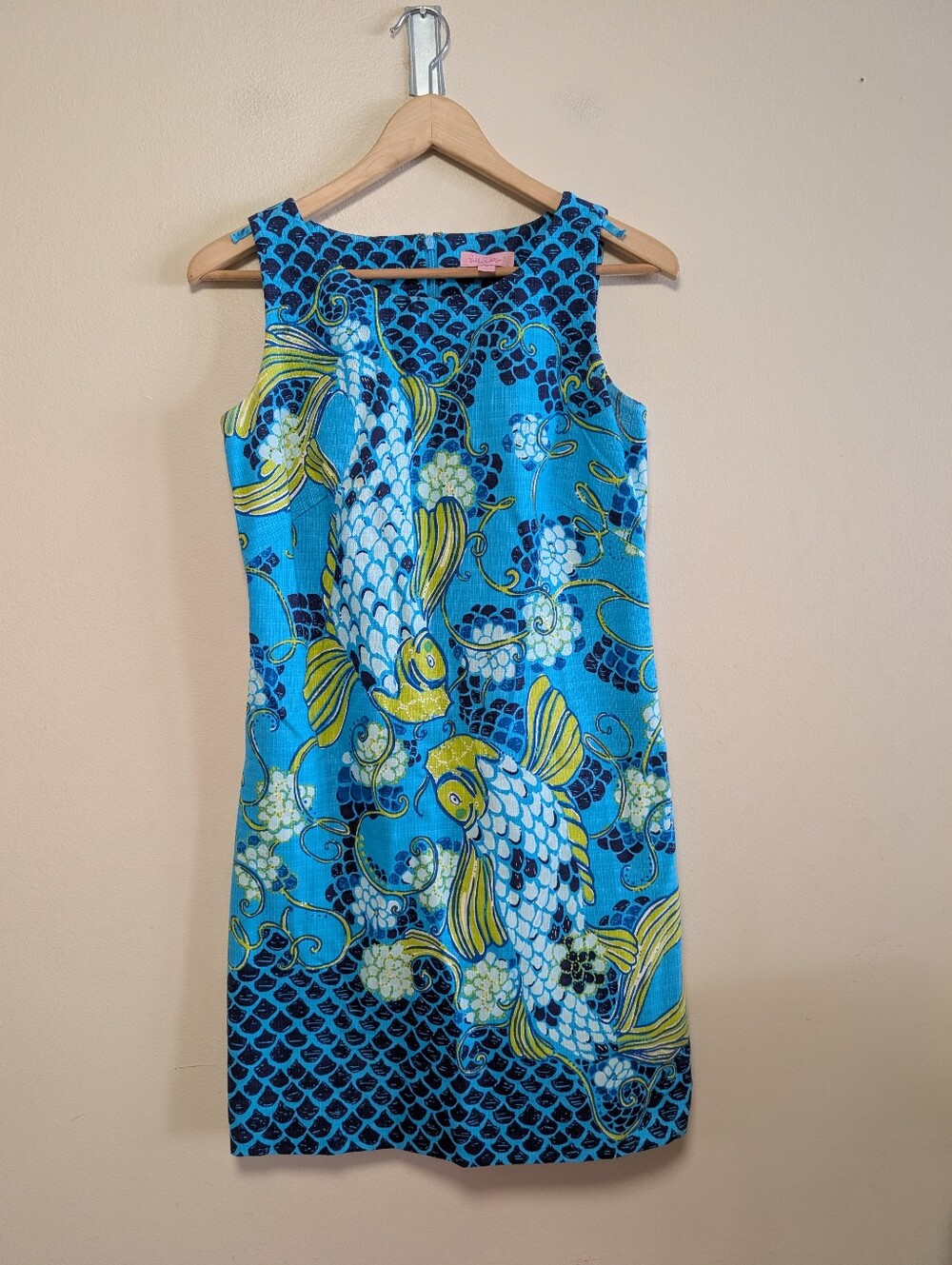 Lilly Pulitzer Koi Fish Shift Dress Size 2 Blue Cotton Resort Coastal